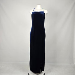 Vintage Vanessa Stevens Navy Blue Velvet Spaghetti Strap Maxi Dress - Size L