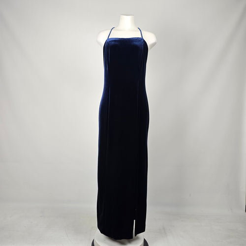 Vintage Vanessa Stevens Navy Blue Velvet Spaghetti Strap Maxi Dress - Size L