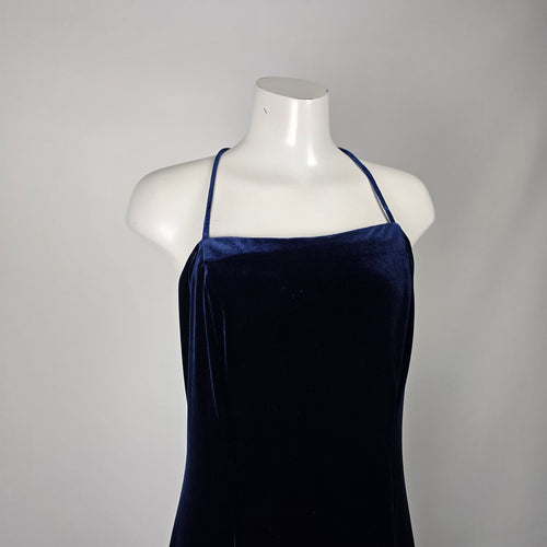 Vintage Vanessa Stevens Navy Blue Velvet Spaghetti Strap Maxi Dress - Size L