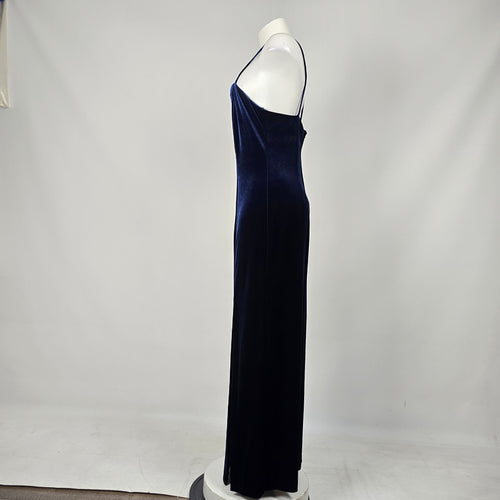 Vintage Vanessa Stevens Navy Blue Velvet Spaghetti Strap Maxi Dress - Size L