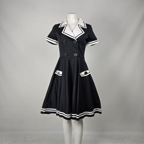 Hell Bunny Black & White Sailor Fit & Flare Dress - Size M
