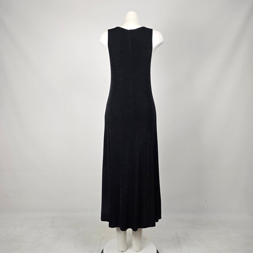 Vintage Black Sleeveless Geometric Slinky Jersey Maxi Dress - Size M