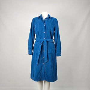 Vintage Galiano Blue Corduroy Belted Shirt Dress - Size 16