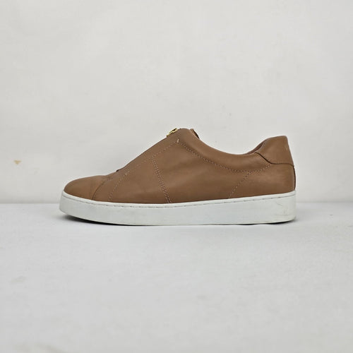 Vionic Elis Tan Leather Zip Front Sneakers Gold Zipper - Size 11