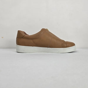 Vionic Elis Tan Leather Zip Front Sneakers Gold Zipper - Size 11