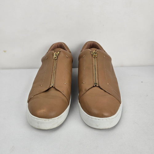 Vionic Elis Tan Leather Zip Front Sneakers Gold Zipper - Size 11