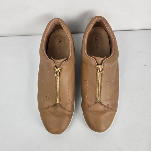 Vionic Elis Tan Leather Zip Front Sneakers Gold Zipper - Size 11