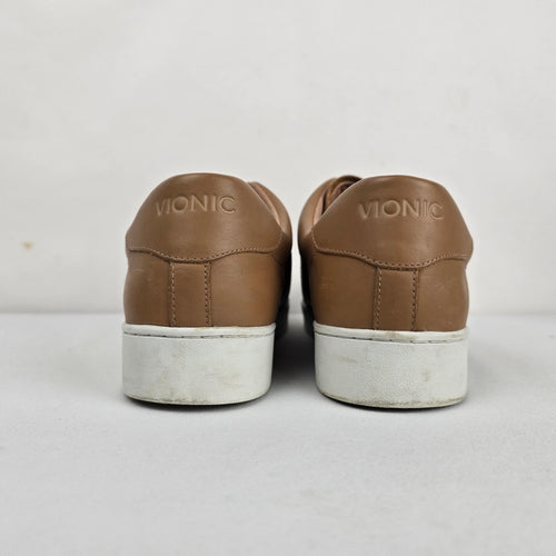 Vionic Elis Tan Leather Zip Front Sneakers Gold Zipper - Size 11