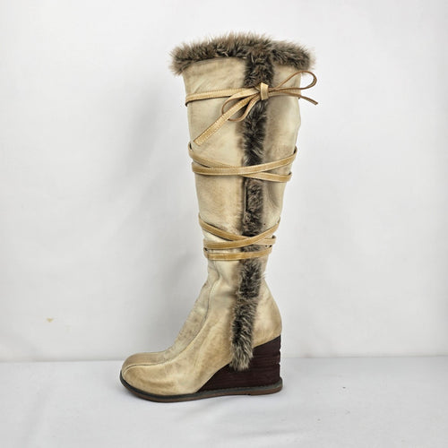 Miz Mooz Birdie Y2K Cream Leather Faux Fur Wedge Boots - Size 6