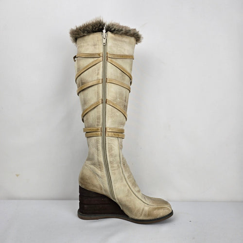 Miz Mooz Birdie Y2K Cream Leather Faux Fur Wedge Boots - Size 6
