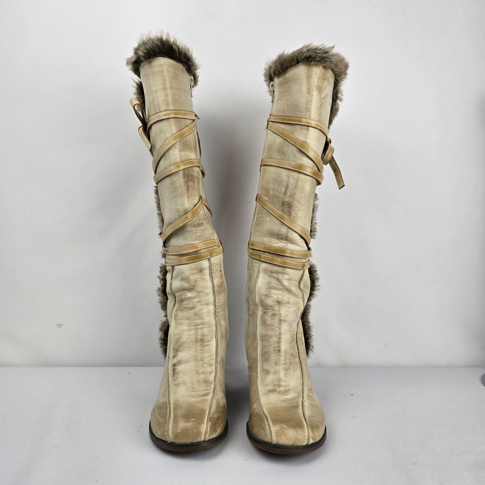 Miz Mooz Birdie Y2K Cream Leather Faux Fur Wedge Boots - Size 6