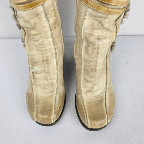 Miz Mooz Birdie Y2K Cream Leather Faux Fur Wedge Boots - Size 6