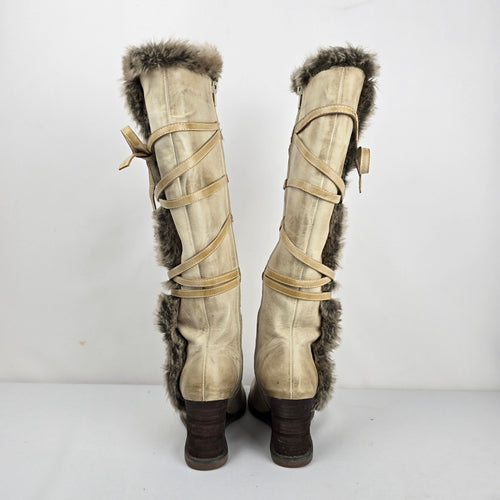 Miz Mooz Birdie Y2K Cream Leather Faux Fur Wedge Boots - Size 6