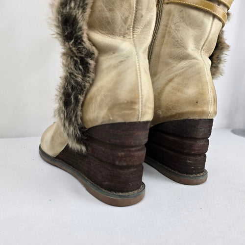 Miz Mooz Birdie Y2K Cream Leather Faux Fur Wedge Boots - Size 6