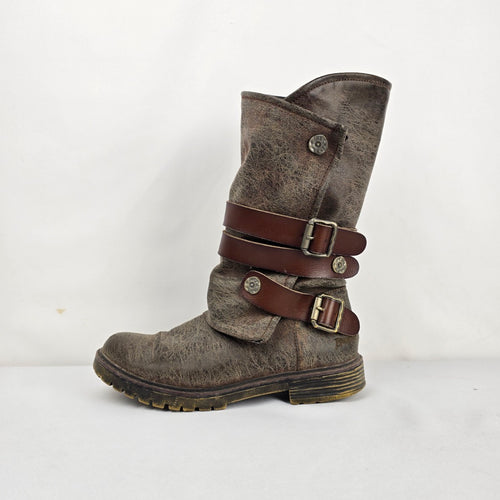 Blowfish Malibu Brown Distressed Leather Buckle Moto Boots - Size 8