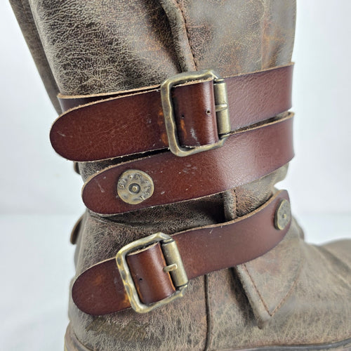 Blowfish Malibu Brown Distressed Leather Buckle Moto Boots - Size 8