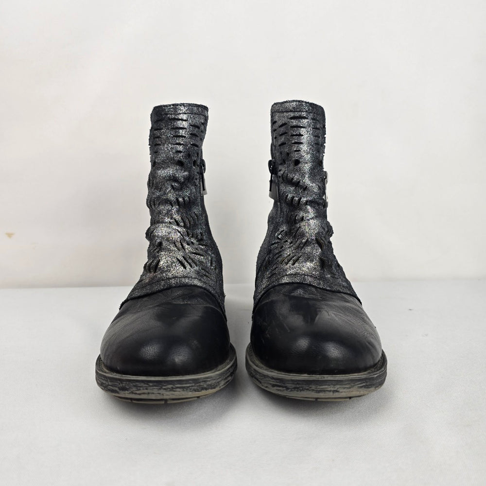 Remonte Black Leather Metallic Cut-out Ankle Boots Side Zip - Size 7.5