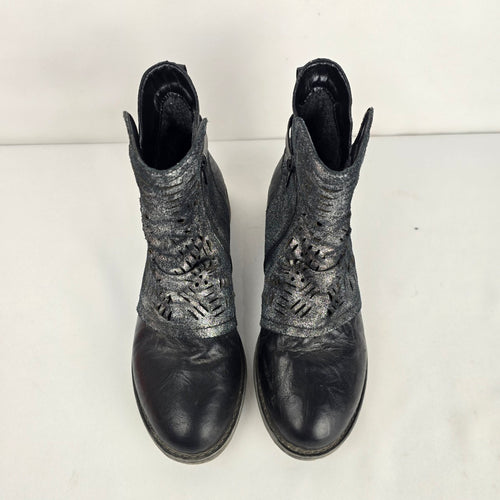Remonte Black Leather Metallic Cut-out Ankle Boots Side Zip - Size 7.5