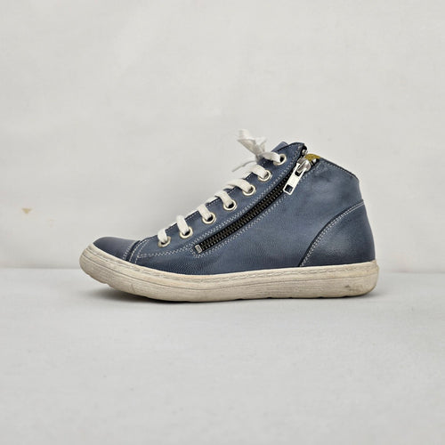 Chacal Women's Blue Leather High-Top Sneakers Side Zip White Laces - Size 6
