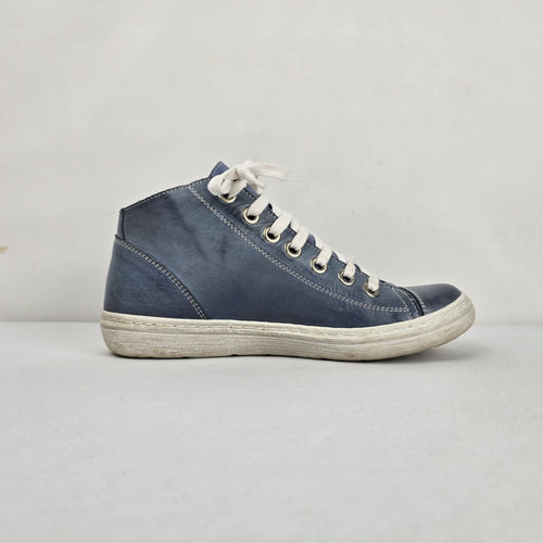 Chacal Women's Blue Leather High-Top Sneakers Side Zip White Laces - Size 6