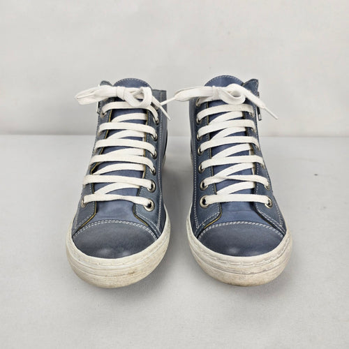 Chacal Women's Blue Leather High-Top Sneakers Side Zip White Laces - Size 6