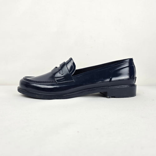 Hunter Original Waterproof Rubber Penny Loafer Navy Blue Gloss - Size 9