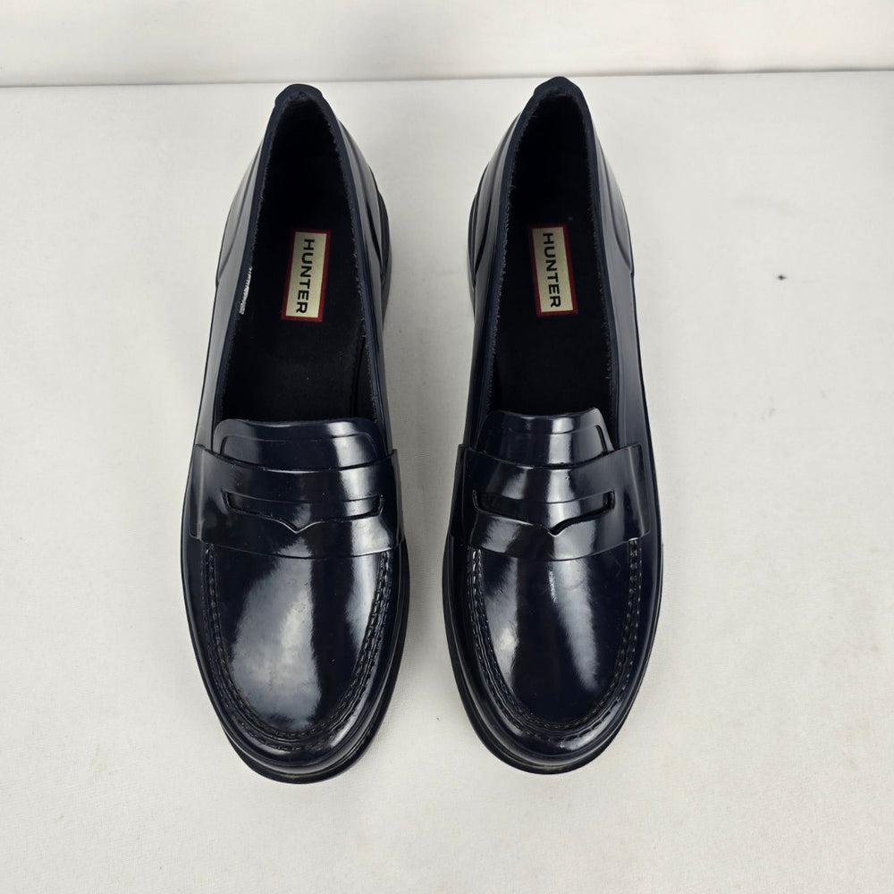 Hunter Original Waterproof Rubber Penny Loafer Navy Blue Gloss - Size 9