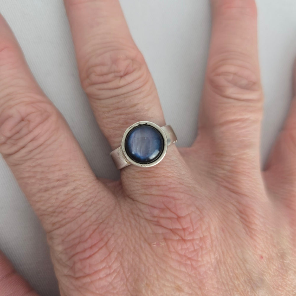 Sterling Silver Blue Iridescent Natural Stone Statement Ring - Size 8.5