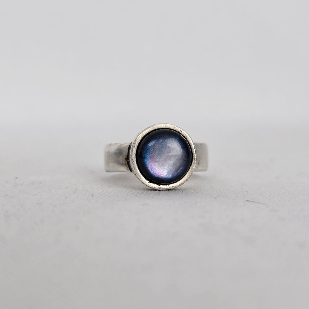 Sterling Silver Blue Iridescent Natural Stone Statement Ring - Size 8.5