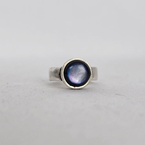 Sterling Silver Blue Iridescent Natural Stone Statement Ring - Size 8.5