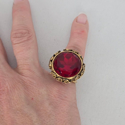 Gold-Tone Red Faceted Crystal Statement Cocktail Ring - Size 4.5