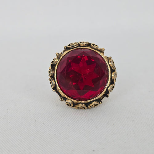 Gold-Tone Red Faceted Crystal Statement Cocktail Ring - Size 4.5