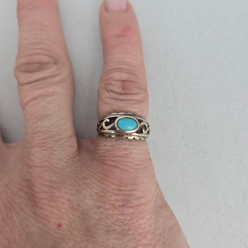925 Sterling Silver Turquoise Southwest Scrollwork Ring - Size 5