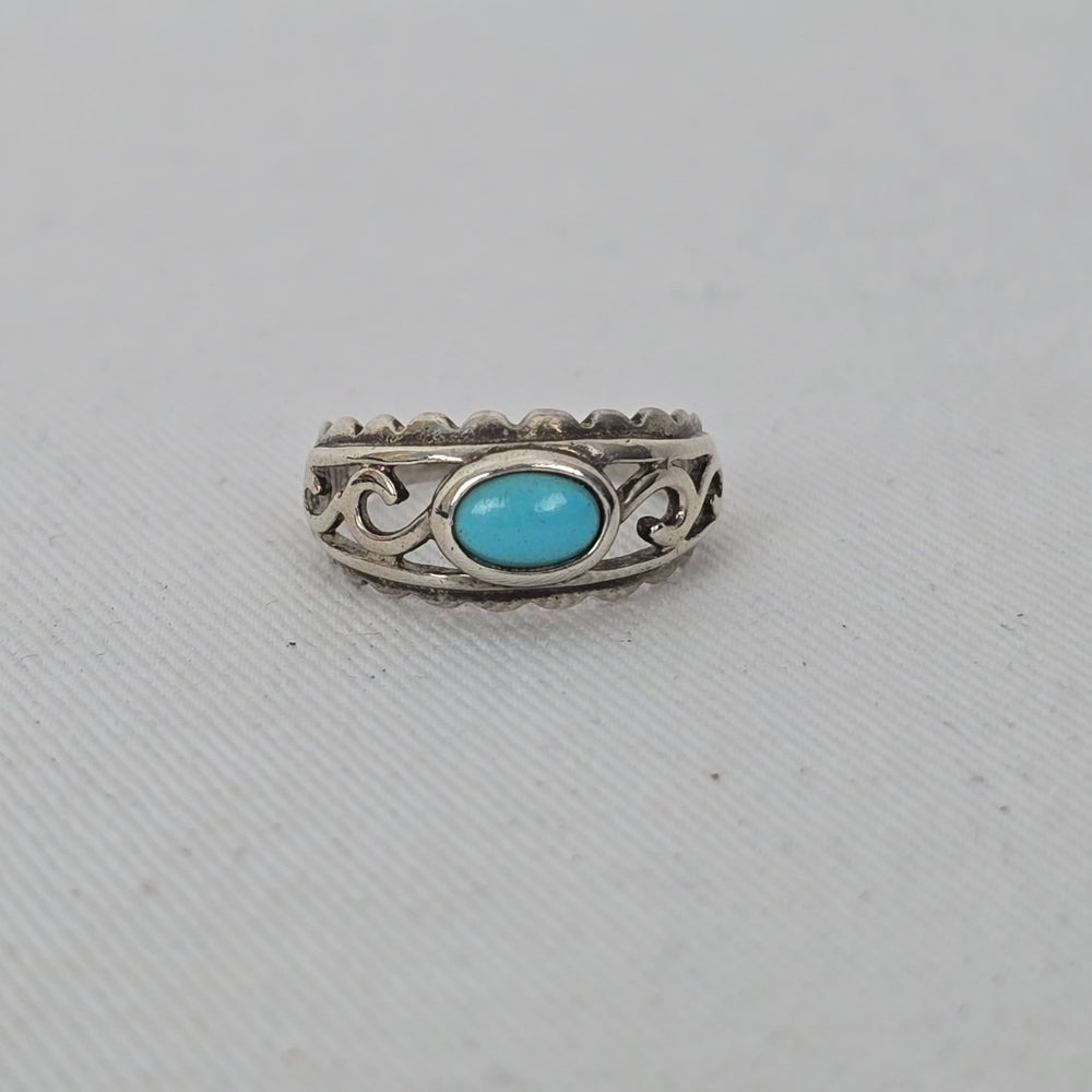 925 Sterling Silver Turquoise Southwest Scrollwork Ring - Size 5