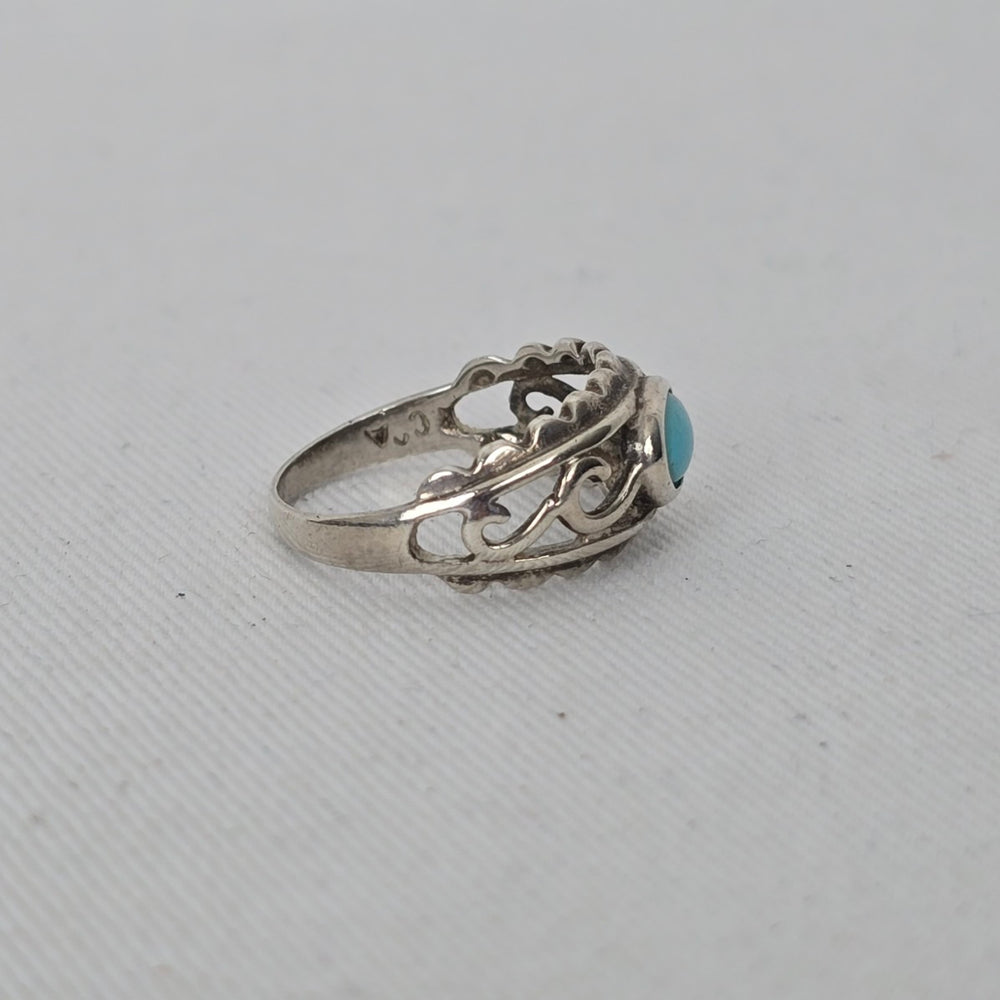 925 Sterling Silver Turquoise Southwest Scrollwork Ring - Size 5