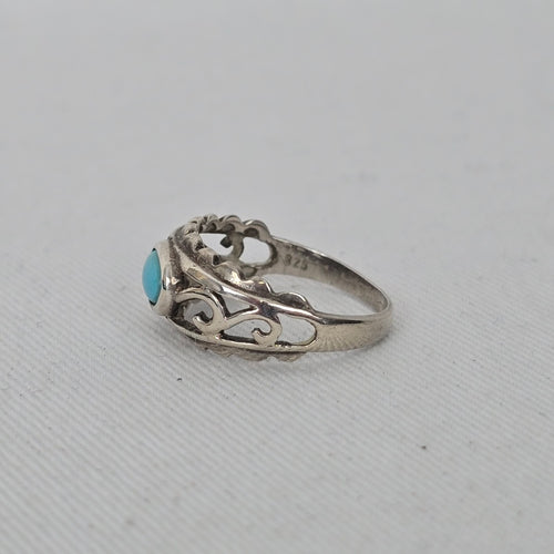 925 Sterling Silver Turquoise Southwest Scrollwork Ring - Size 5