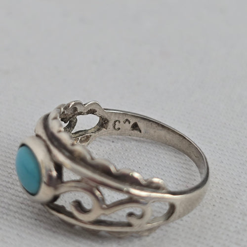 925 Sterling Silver Turquoise Southwest Scrollwork Ring - Size 5