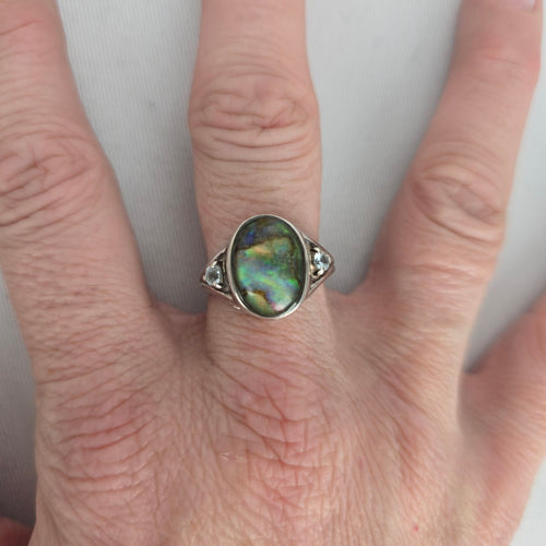 Avon 925 Sterling Silver Abalone Shell & Clear Stone Ring - Size 9