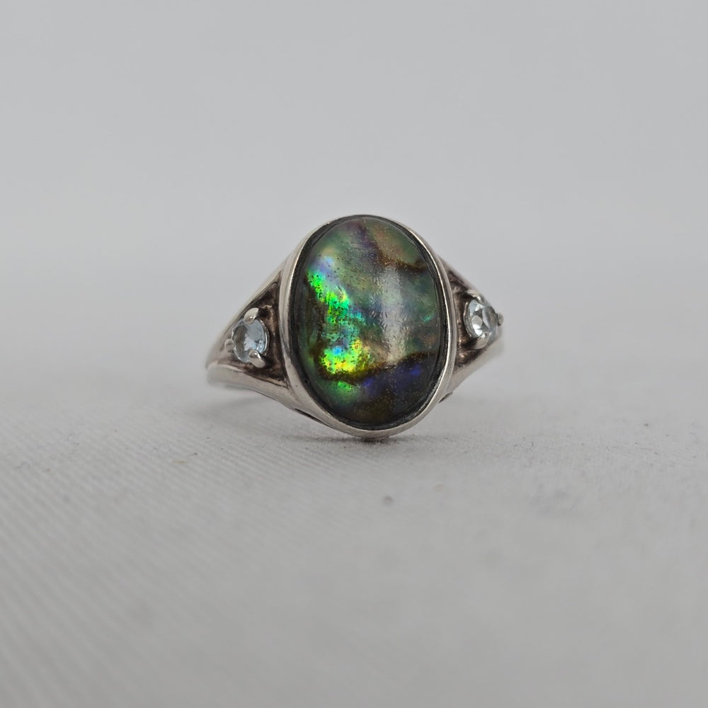 Avon 925 Sterling Silver Abalone Shell & Clear Stone Ring - Size 9