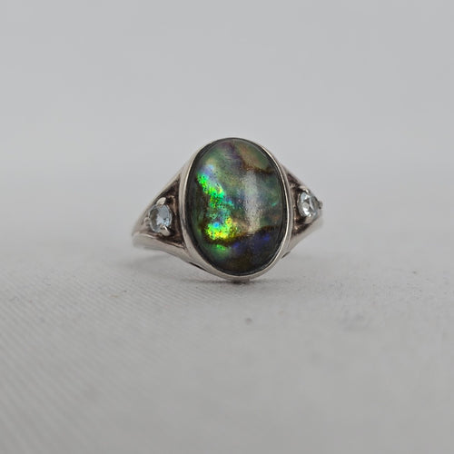Avon 925 Sterling Silver Abalone Shell & Clear Stone Ring - Size 9