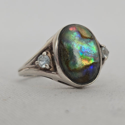 Avon 925 Sterling Silver Abalone Shell & Clear Stone Ring - Size 9
