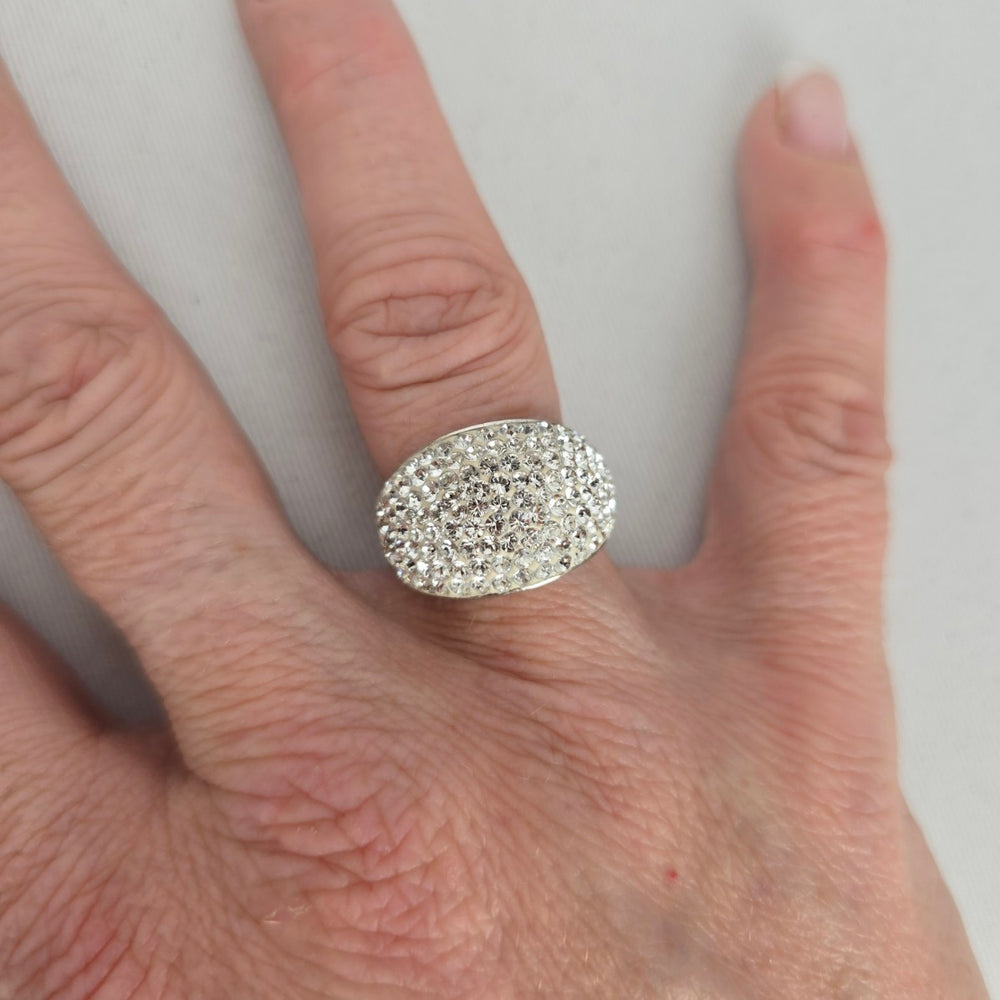 Vintage Sterling Silver Clear Pavé Crystal Dome Cocktail Ring Size 7 Stamped 925 AU