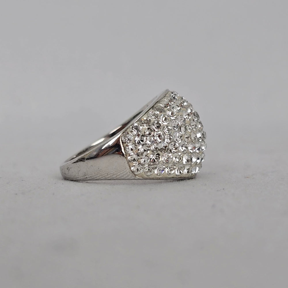 Vintage Sterling Silver Clear Pavé Crystal Dome Cocktail Ring Size 7 Stamped 925 AU
