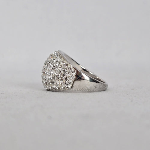 Vintage Sterling Silver Clear Pavé Crystal Dome Cocktail Ring Size 7 Stamped 925 AU