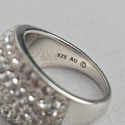 Vintage Sterling Silver Clear Pavé Crystal Dome Cocktail Ring Size 7 Stamped 925 AU