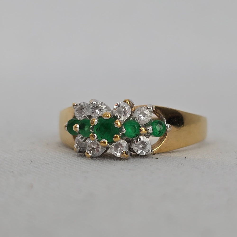 Vintage Gold-Tone Green & Clear Stone Cluster Ring - Size 8