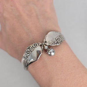 Vintage Communiy Silver Bracelet with Floral Design & Pearl Charms