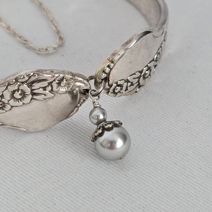Vintage Communiy Silver Bracelet with Floral Design & Pearl Charms