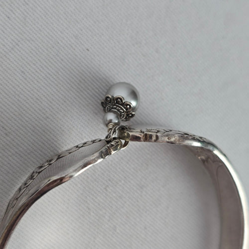 Vintage Communiy Silver Bracelet with Floral Design & Pearl Charms