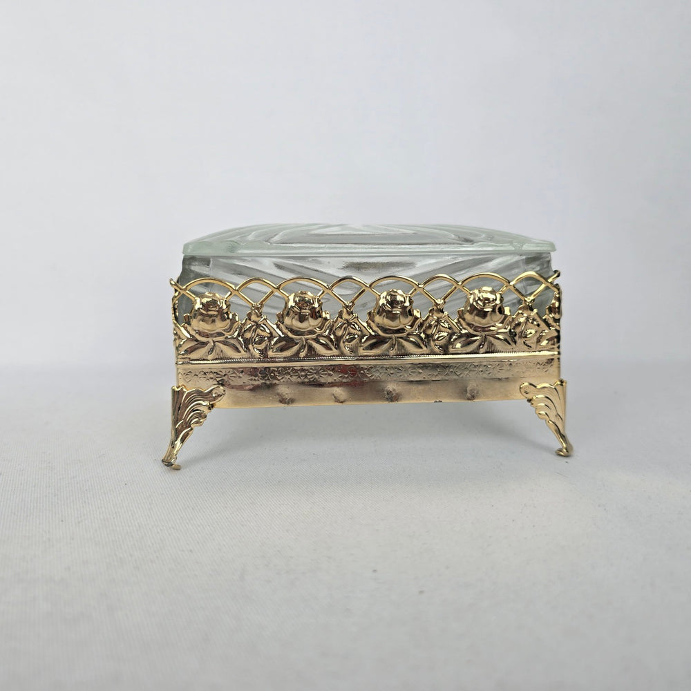 Vintage Glass Trinket Jewelry Box with Gold-Tone Floral Rose Frame
